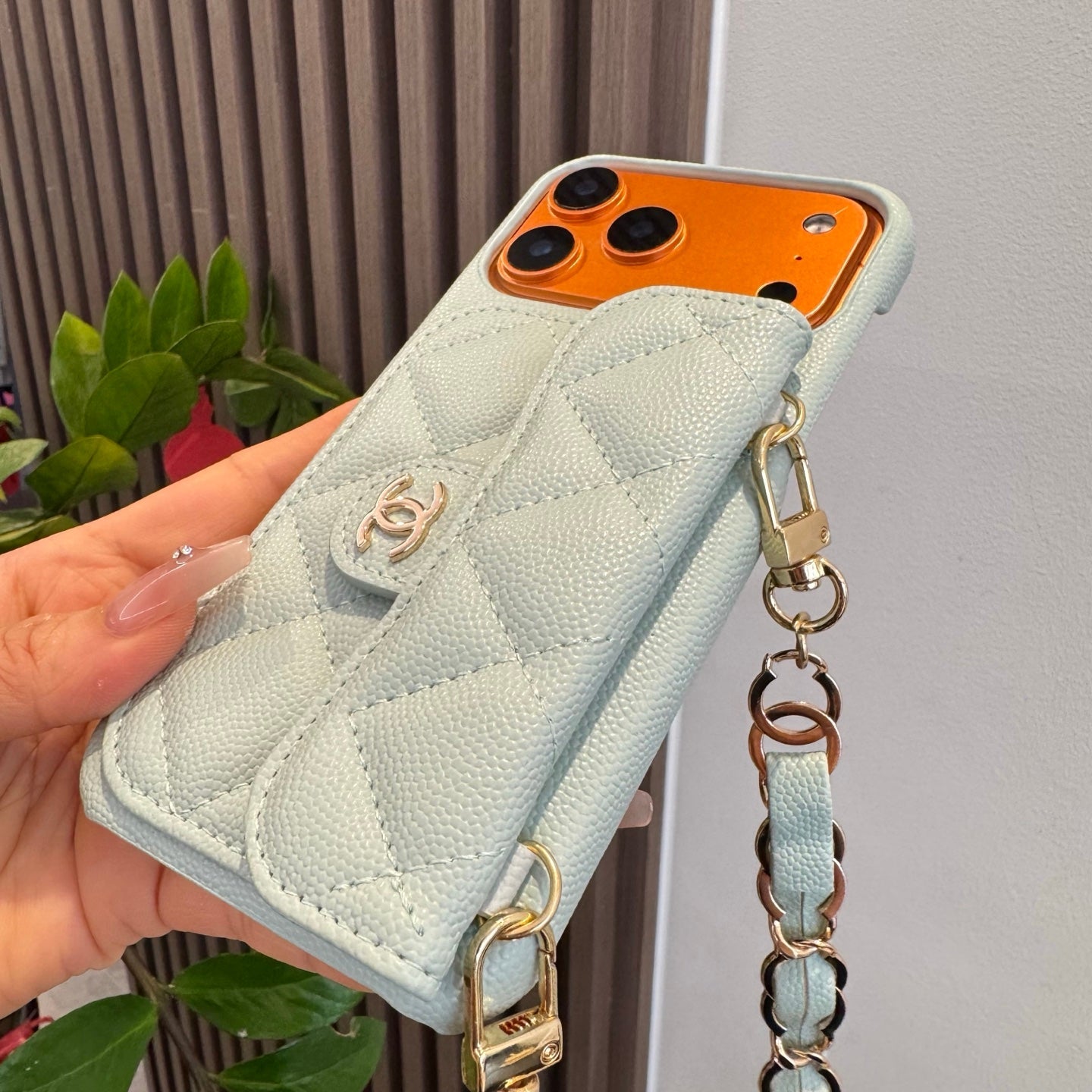 Light Blue Chanel Style Quilted Caviar Leather Card Slot Chain Strap Luxury Phone Case