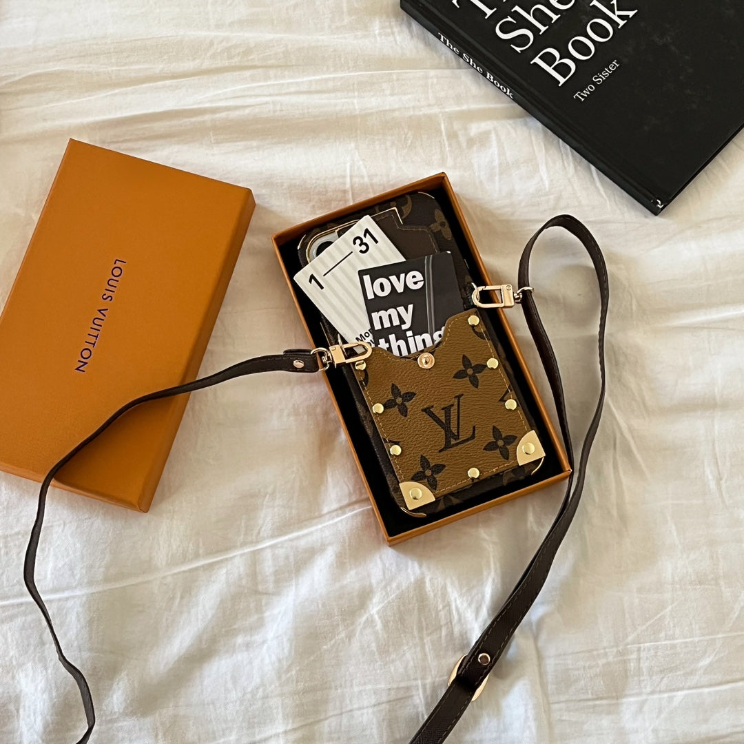 Stylish LV iPhone Case with Card Holder & Crossbody Strap