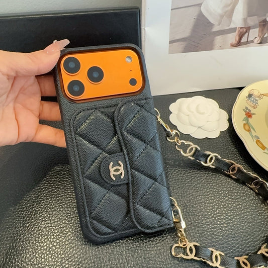 Chanel Quilted Caviar Leather Card Holder Chain Strap Luxury Phone Case