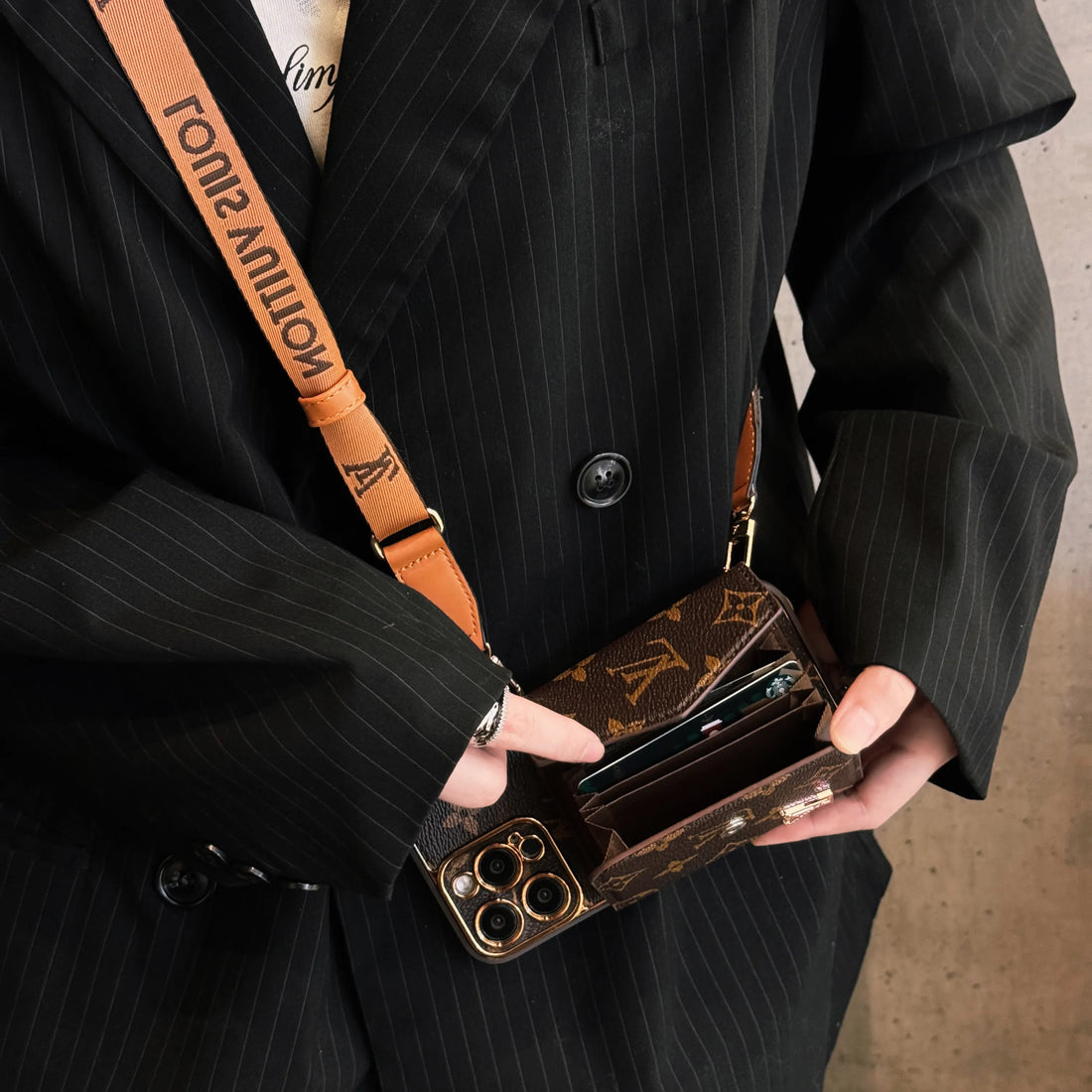 Monogram Leather L iPhone Wallet Case With Crossbody Strap