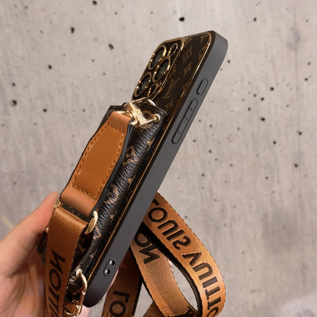 Monogram Leather L iPhone Wallet Case With Crossbody Strap