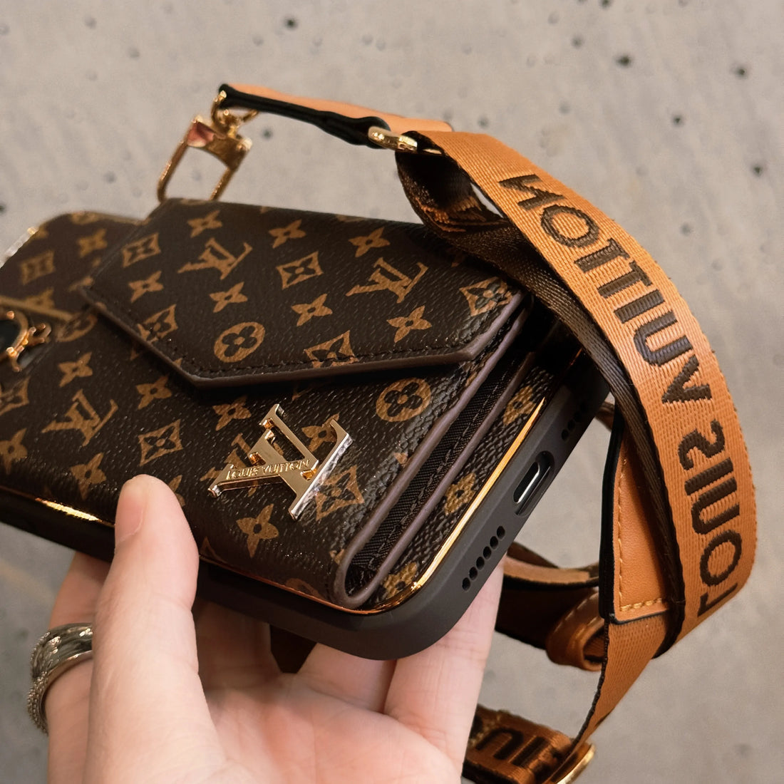 Monogram Leather L iPhone Wallet Case With Crossbody Strap